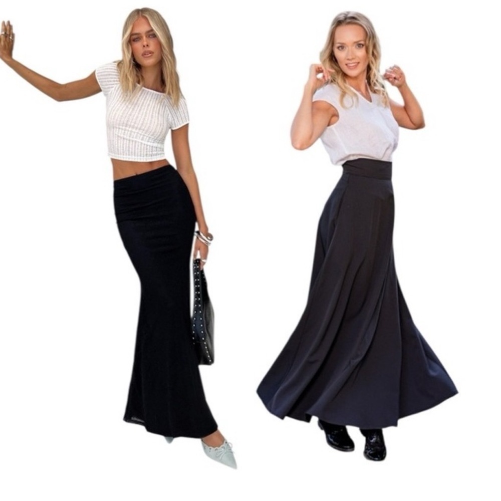 Amilita The Label Long Flowy Tulip Flare Black Maxi Skirt SZ XS